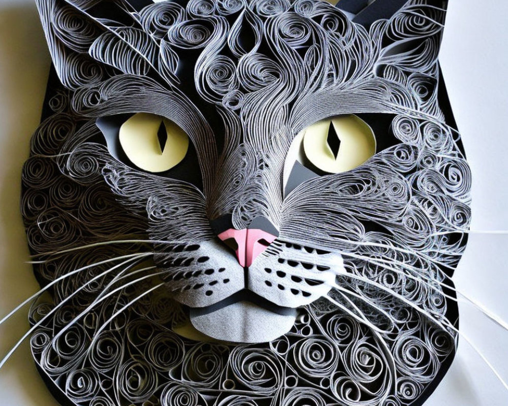 Detailed Paper Quilling Art of Cat's Face with Swirls and Yellow Eyes