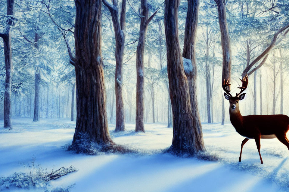 Majestic deer in serene snow-covered forest
