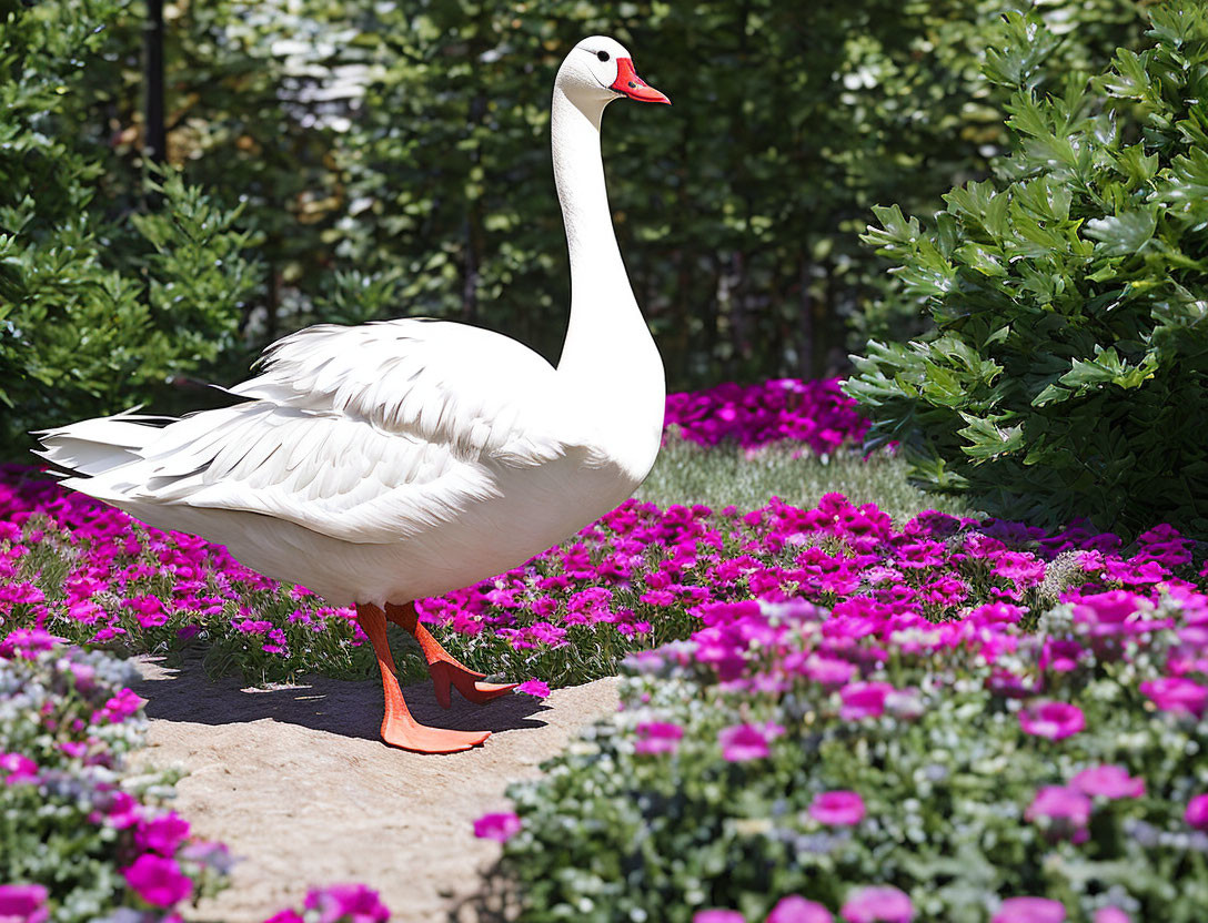 White Swan Surrounded by Purple Flowers and Green Bushes