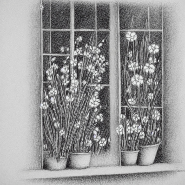 Detailed pencil sketch of two flowerpots with blooming flowers on windowsill.
