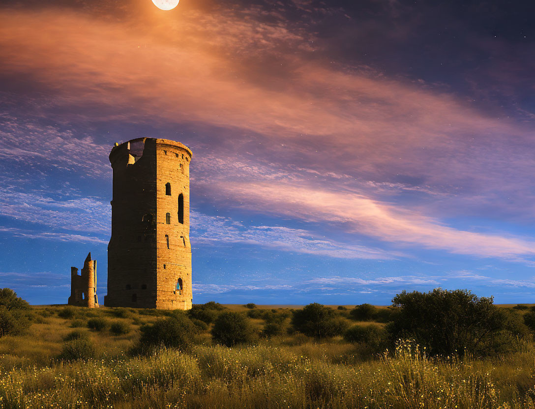 Historic stone tower in grassy field under twilight sky with moon.
