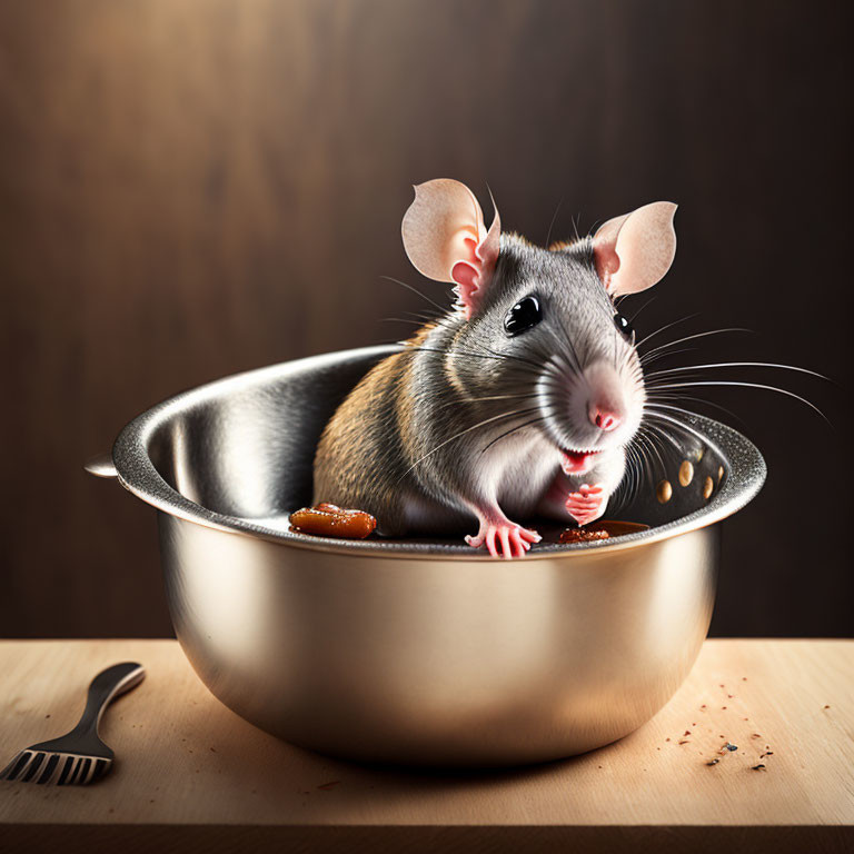 Curious rat peeking from steel bowl with food crumbs - whimsical Ratatouille vibe