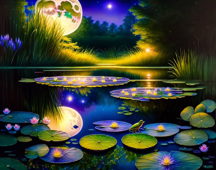 Tranquil pond with lily pads, bird, stars, and moon reflection