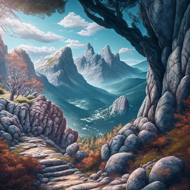 Fantasy Landscape: Stone Path, Forest, Mountains, Blue Sky
