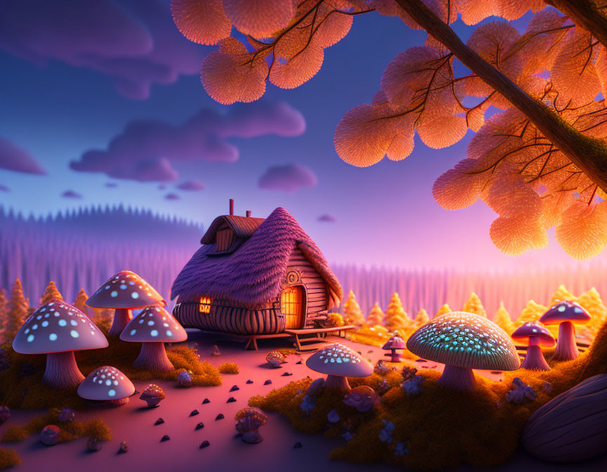 Cozy Thatched-Roof Cottage Among Glowing Mushrooms in Twilight Forest
