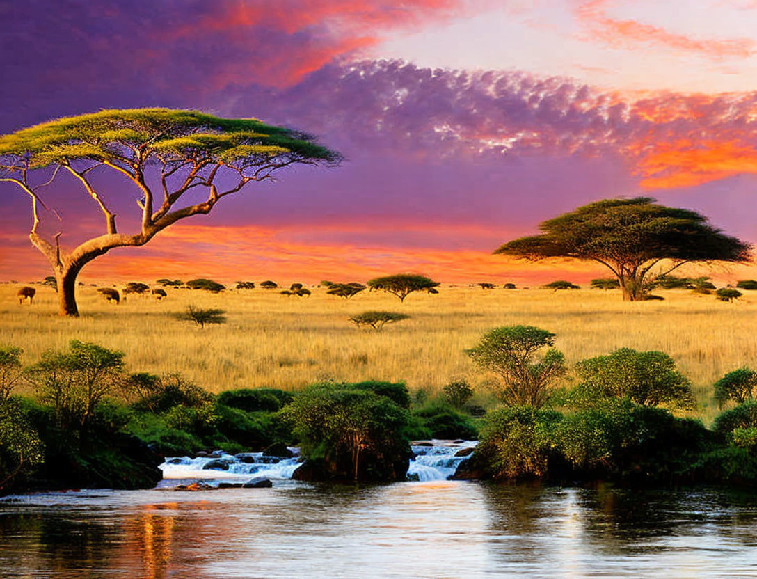 African savanna landscape at sunset with acacia trees, river, purple and orange sky