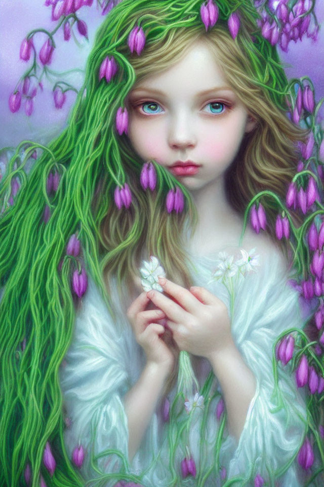 Portrait of a young girl with wavy green hair and purple flowers, holding a blossom on lavender background