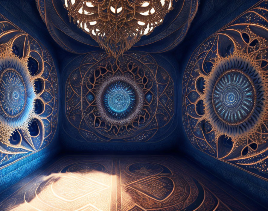 Symmetric Blue Chamber with Ornate Geometric Patterns