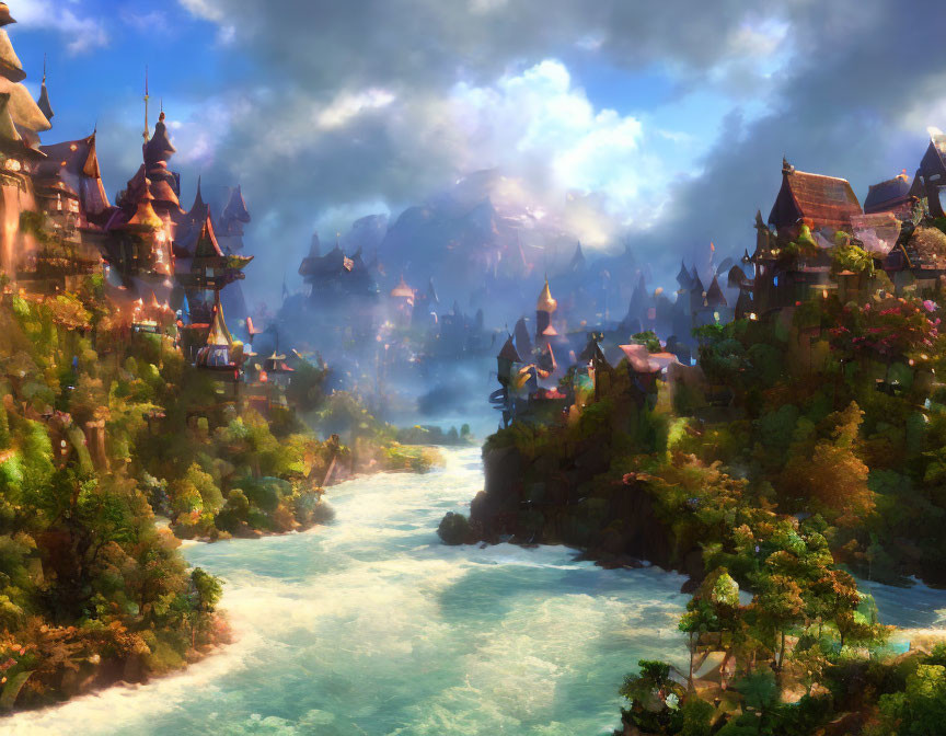 Fantasy landscape with river, lush greenery, and ornate spires