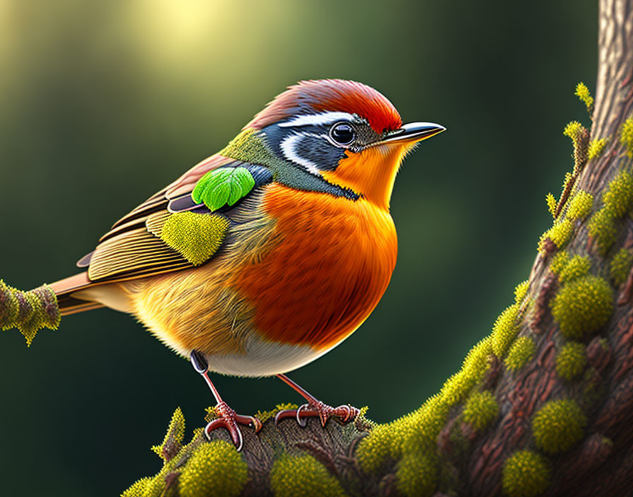 Colorful Bird with Orange, Green, and Yellow Feathers Perched on Tree Branch