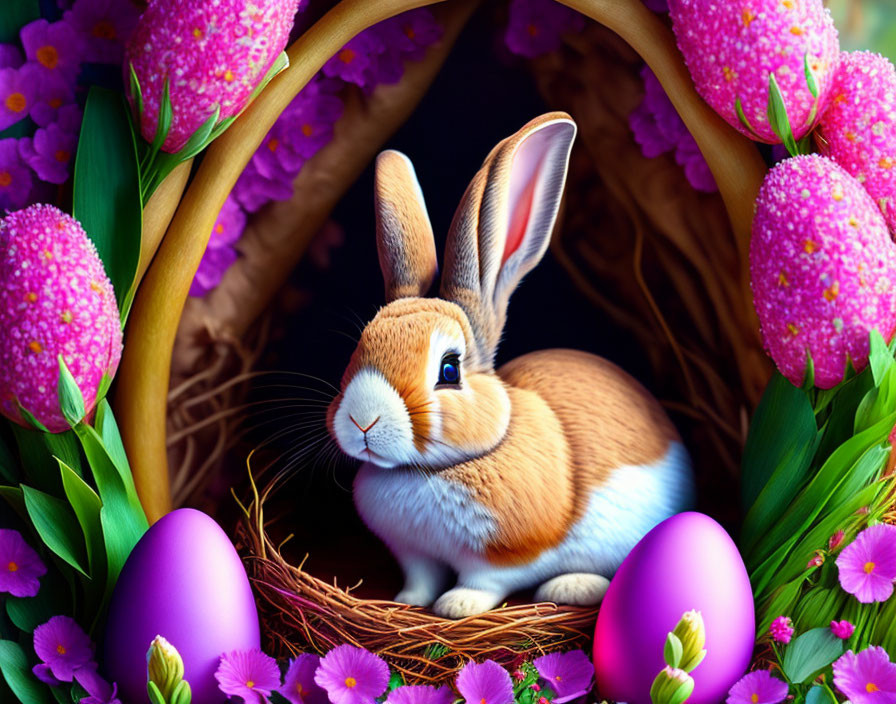 Brown and White Bunny Nestled in Nest with Purple Eggs and Pink Flowers