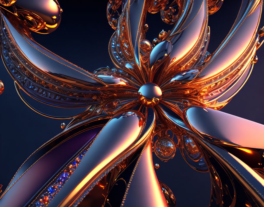 3D fractal design of gold and copper metallic structures on dark blue background