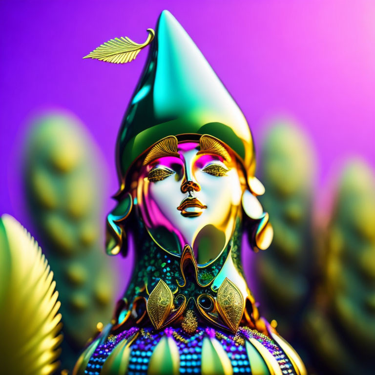 Futuristic digital artwork: metallic face with golden details on purple and green gradient.