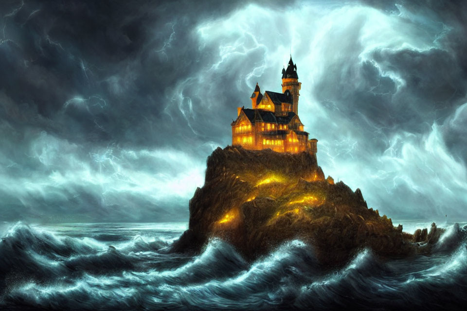 Foreboding castle on craggy cliff in stormy ocean scene