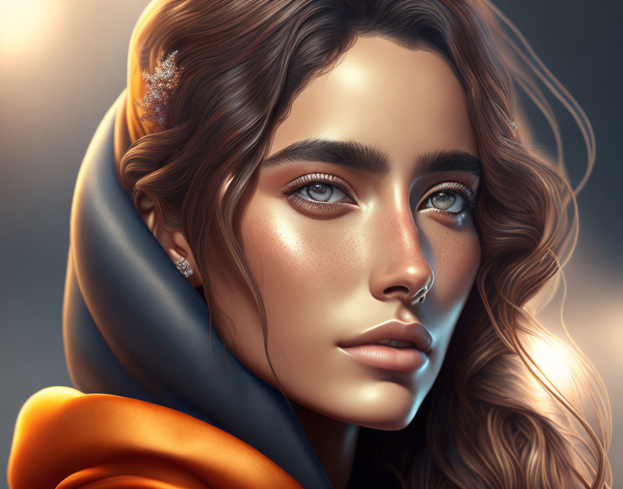 Luminous digital portrait of woman with wavy hair and captivating eyes