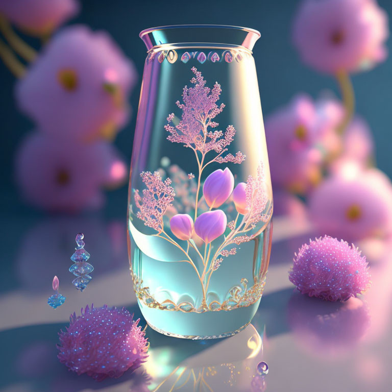 Floral etched glass vase with luminous liquid, pink blossoms, and glistening droplets
