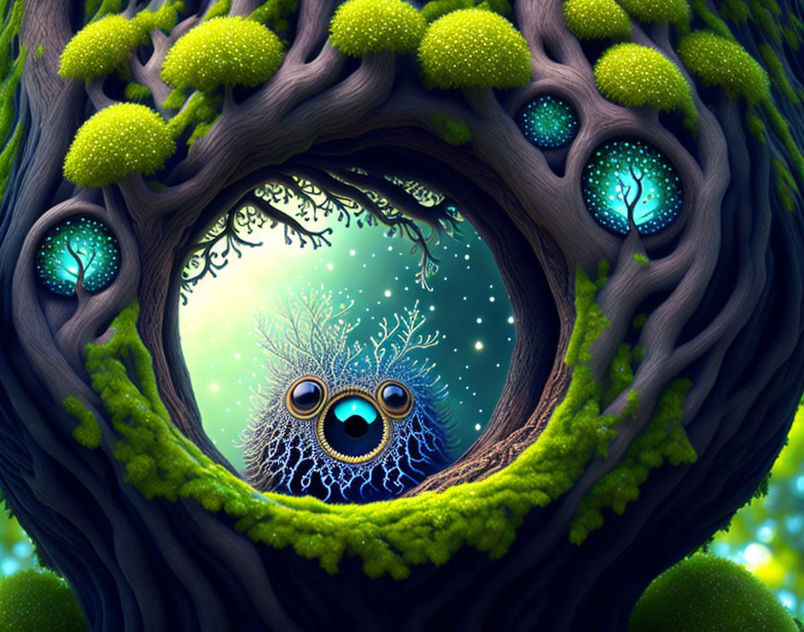 Illustration of whimsical tree with hollow eye and surreal glowing blue foliage