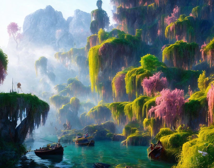 Fantasy landscape with green cliffs, pink trees, mist, river, and stag