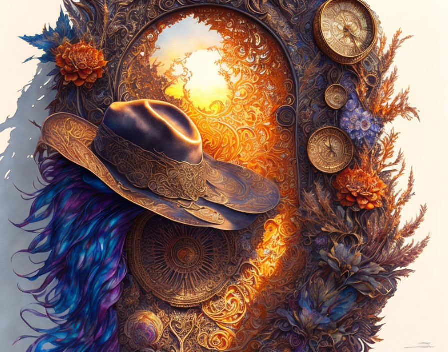 Ornate mirror with vibrant flowers, feathers, sunset sky reflection, stylish hat, and clock