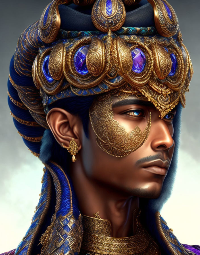 Portrait of a man with golden headgear and regal bearing