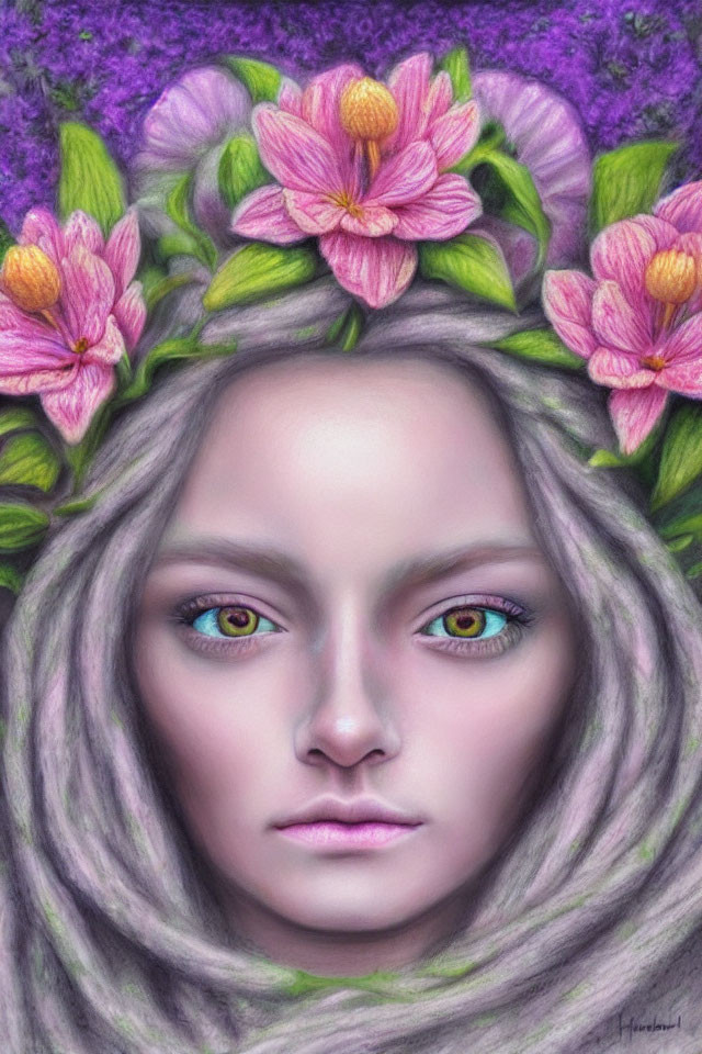 Digital painting: Woman with floral crown and multicolored eyes in purple aura