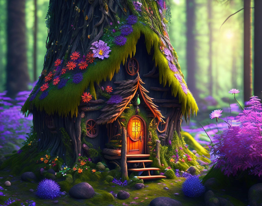 Colorful Treehouse Surrounded by Flowers in Purple Forest