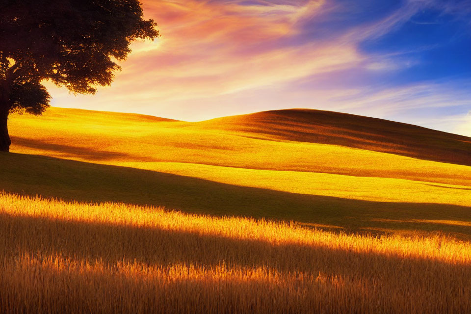 Scenic landscape with golden hills, lone tree, and colorful sunset sky