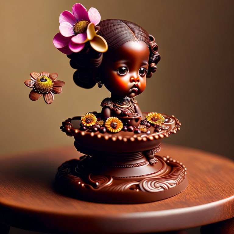 Chocolate-toned 3D figurine of a girl with floral hair and dress on swirly