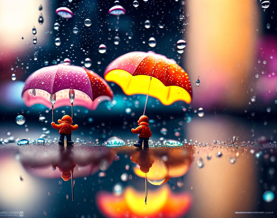 Miniature Figures with Umbrellas on Wet Surface in Rainstorm