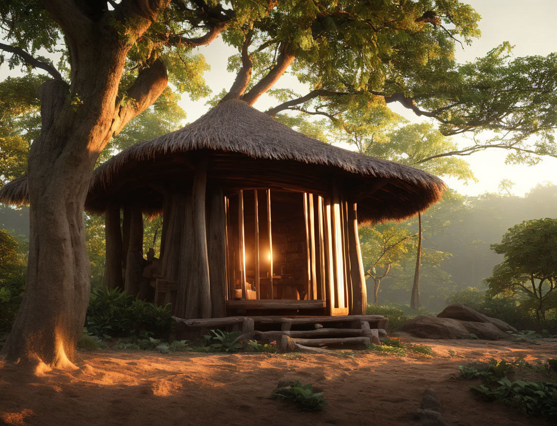 Tranquil Thatched Hut in Forest Setting at Sunrise