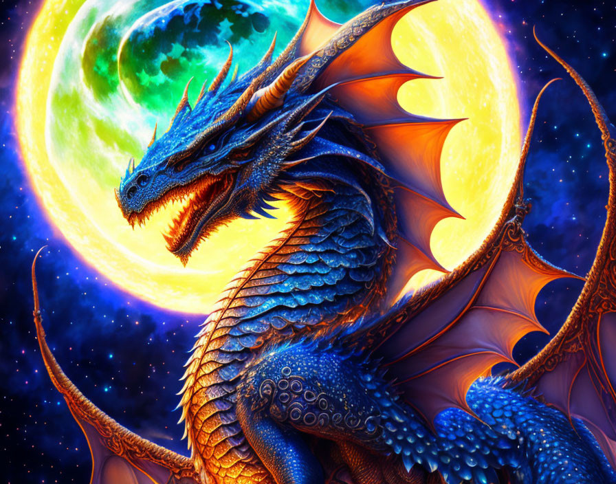 Blue dragon with orange wings in cosmic scene with green planet and yellow moon
