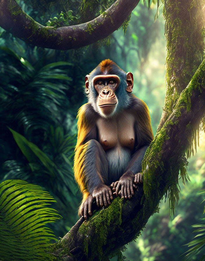 Orange and White Monkey on Tree Branch in Lush Forest