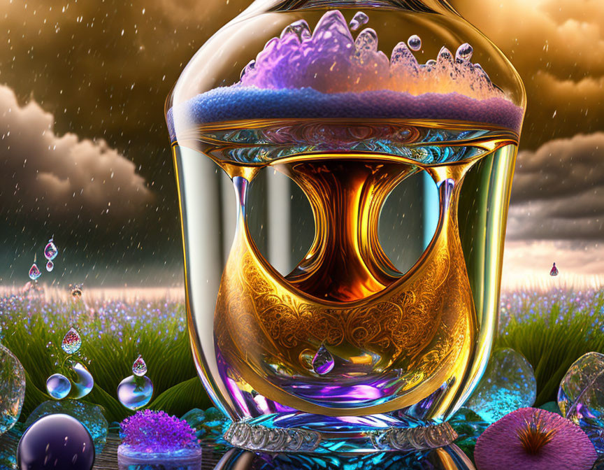 Colorful surreal artwork: Glass vessel with golden details and swirling liquid against fantastical landscape