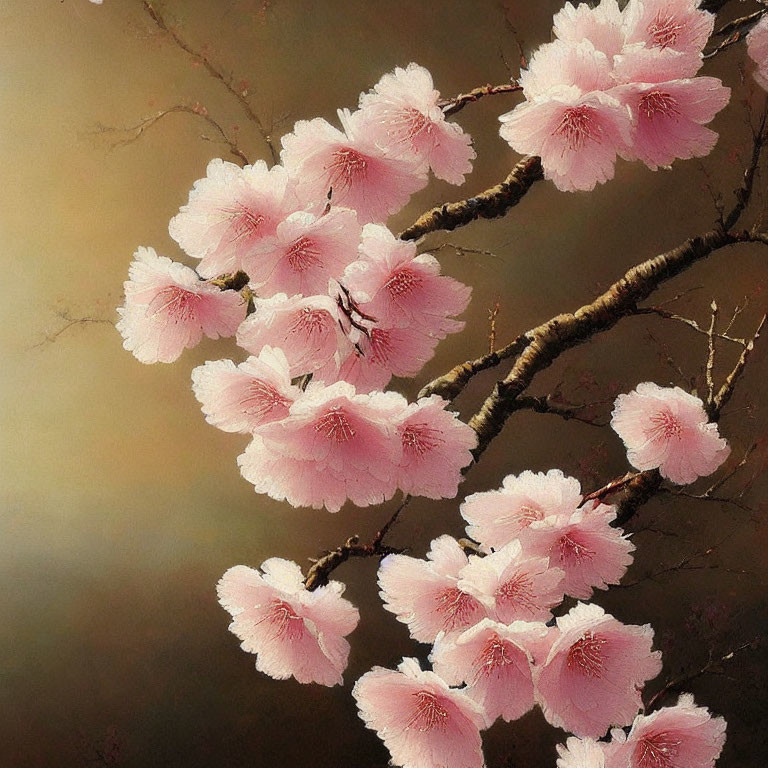 Delicate pink cherry blossoms on dark branch against warm brown background
