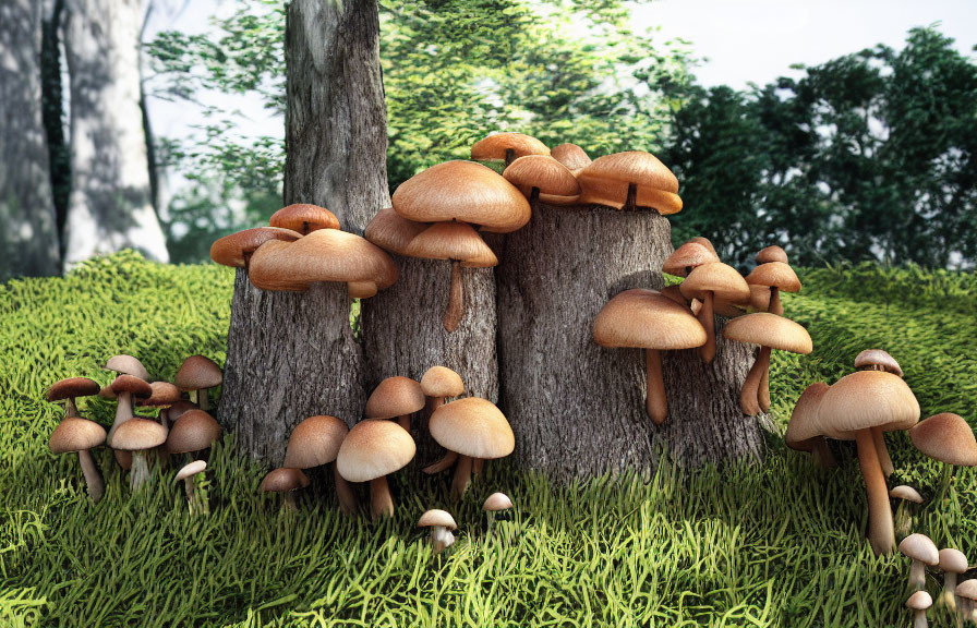 Mushrooms on Moss-Covered Tree Stump in Green Forest