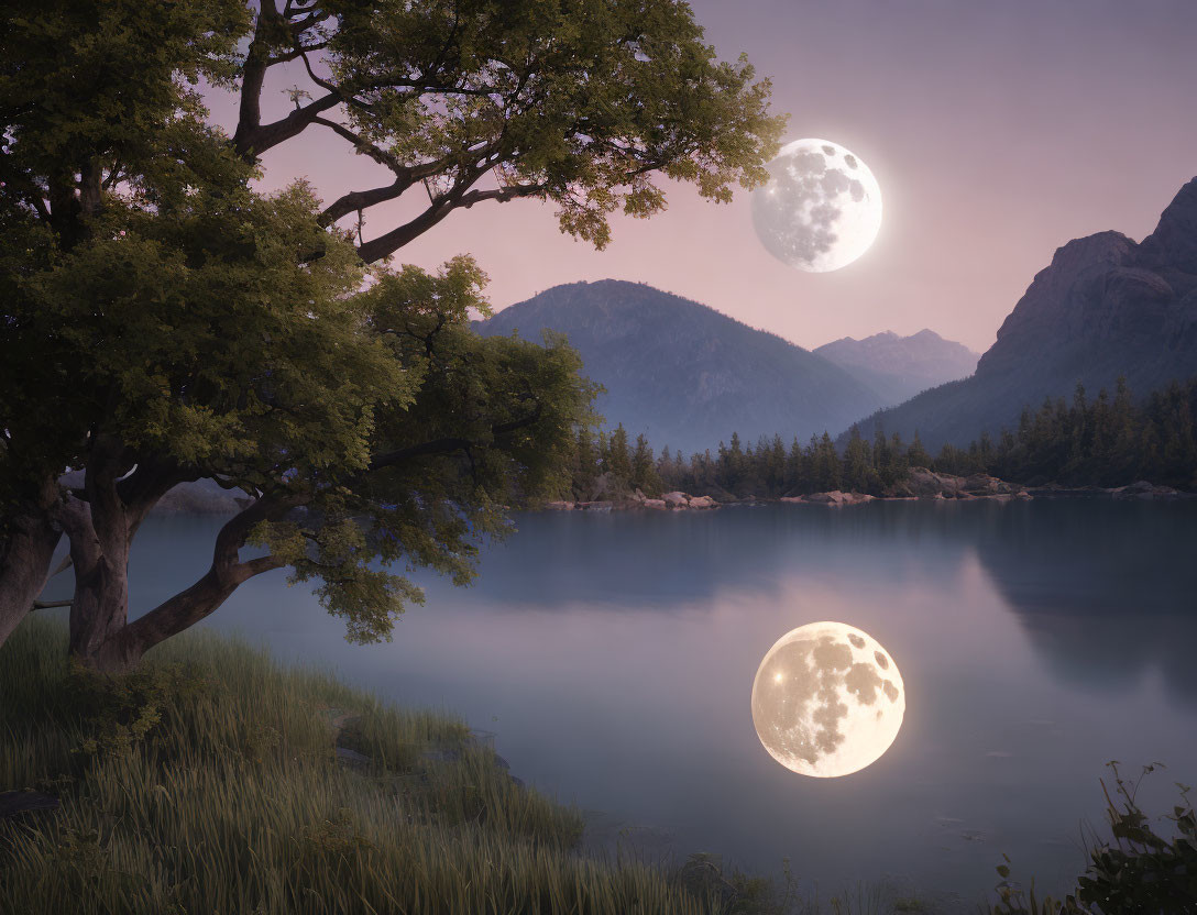 Tranquil full moon landscape with lake, trees, and mountains