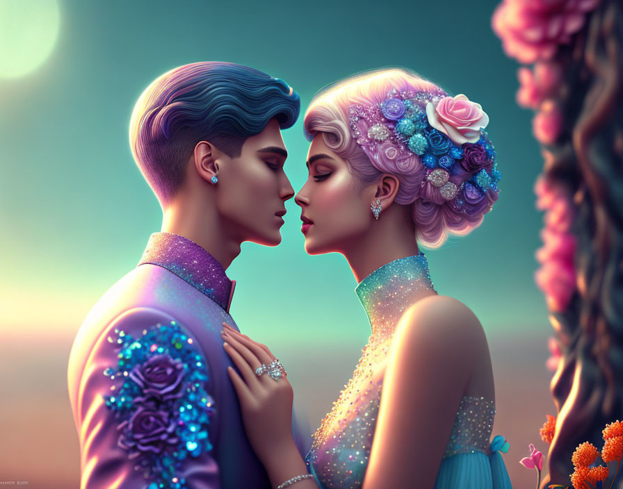 Stylized characters with intricate hairstyles and ornate clothing in romantic embrace