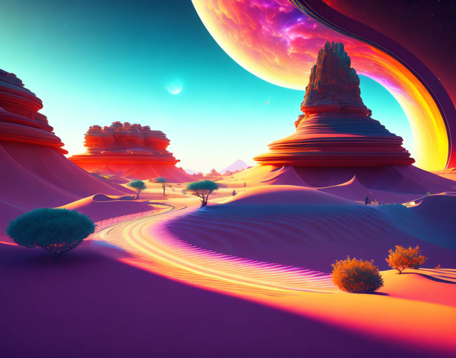 Colorful alien landscape with orange sands, towering rock formations, and a ringed planet.