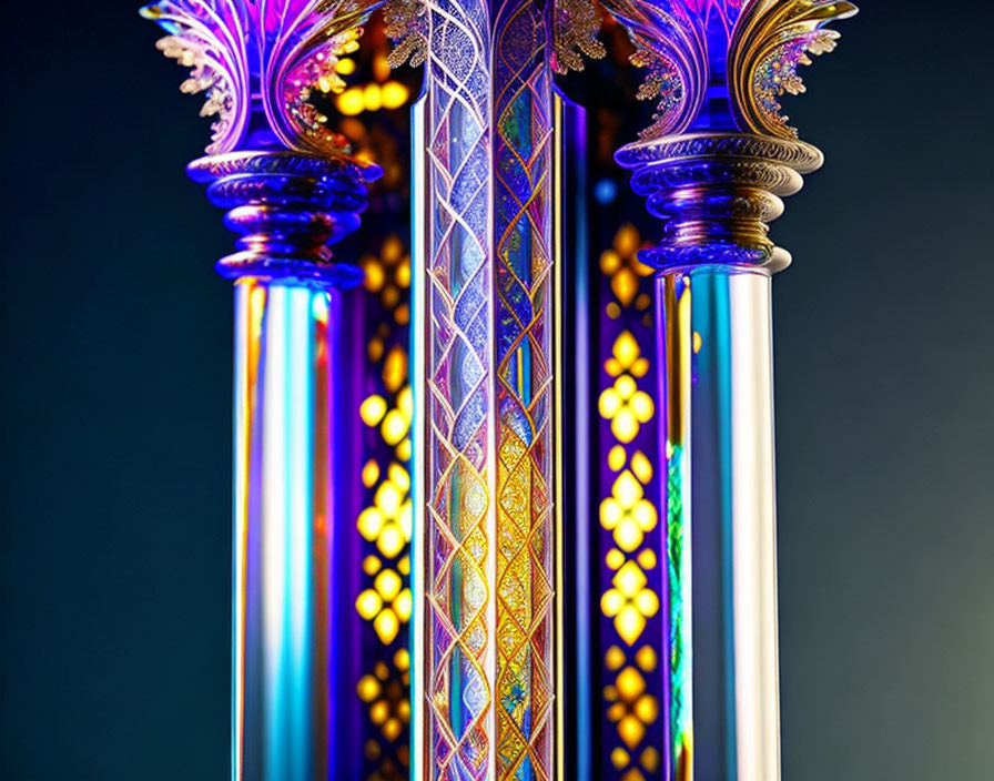 Ornate columns with intricate patterns under purple and blue lighting