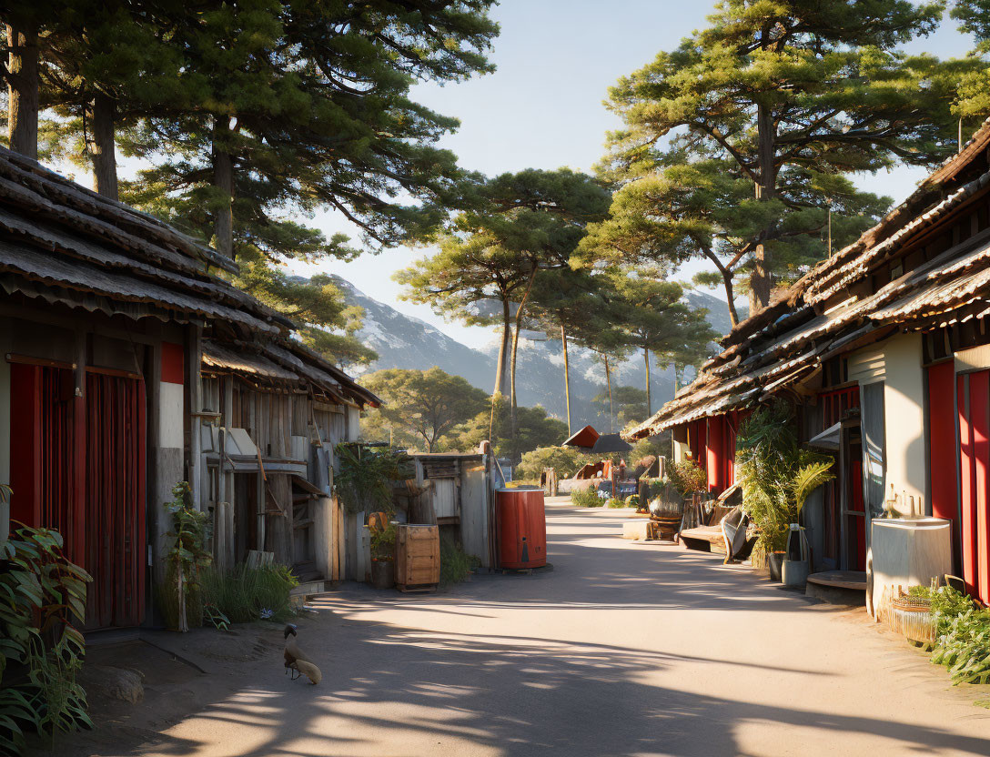 Traditional village street with pine trees and mountain backdrop in warm sunlight