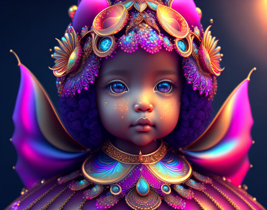 Colorful digital artwork of a child with expressive eyes and ornate headdress and armor in vibrant pur
