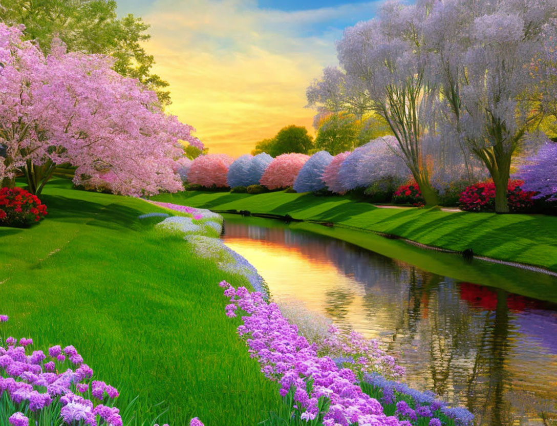 Serene river landscape with lush trees, colorful flowers, and sunset sky