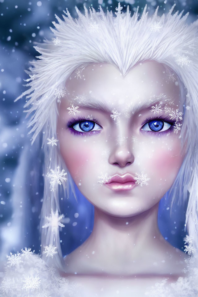 Digital artwork of a person with pale skin, blue eyes, white hair, and snowflakes in