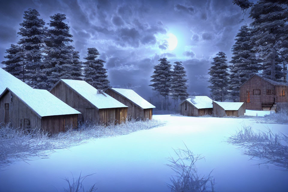 Winter night scene: snow-covered cabins under full moon in forest landscape