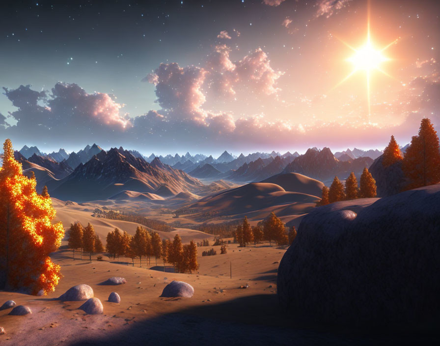 Snow-capped mountains, starry sky, sunrise, and rolling hills in serene landscape