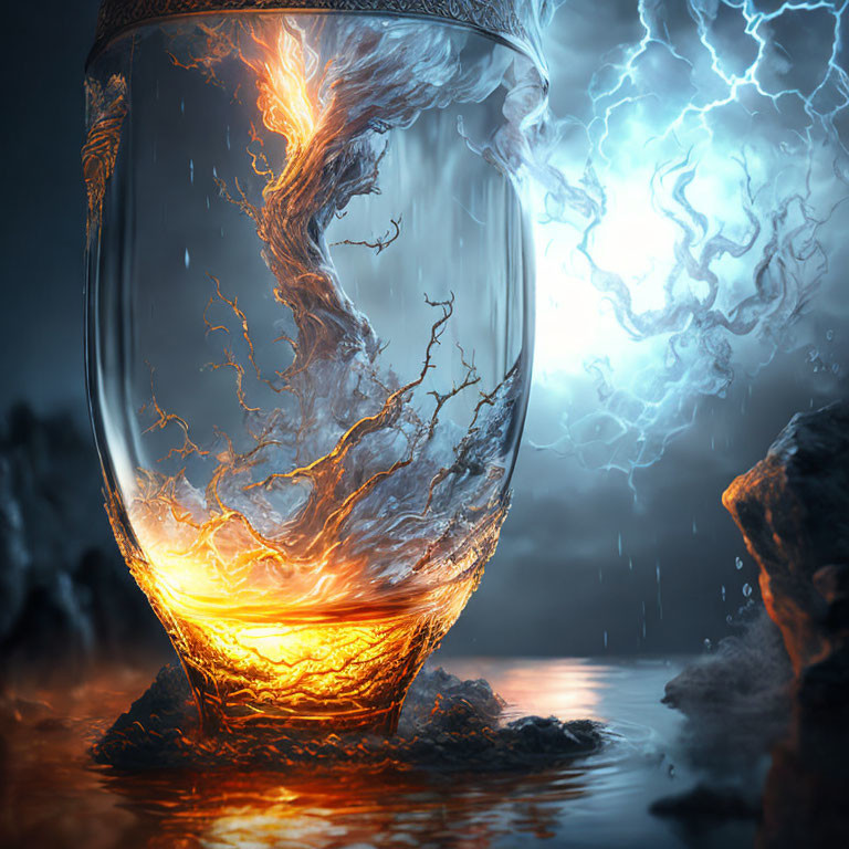 Glass with fiery whirlpool, tree branch structure, lightning bolts in stormy backdrop
