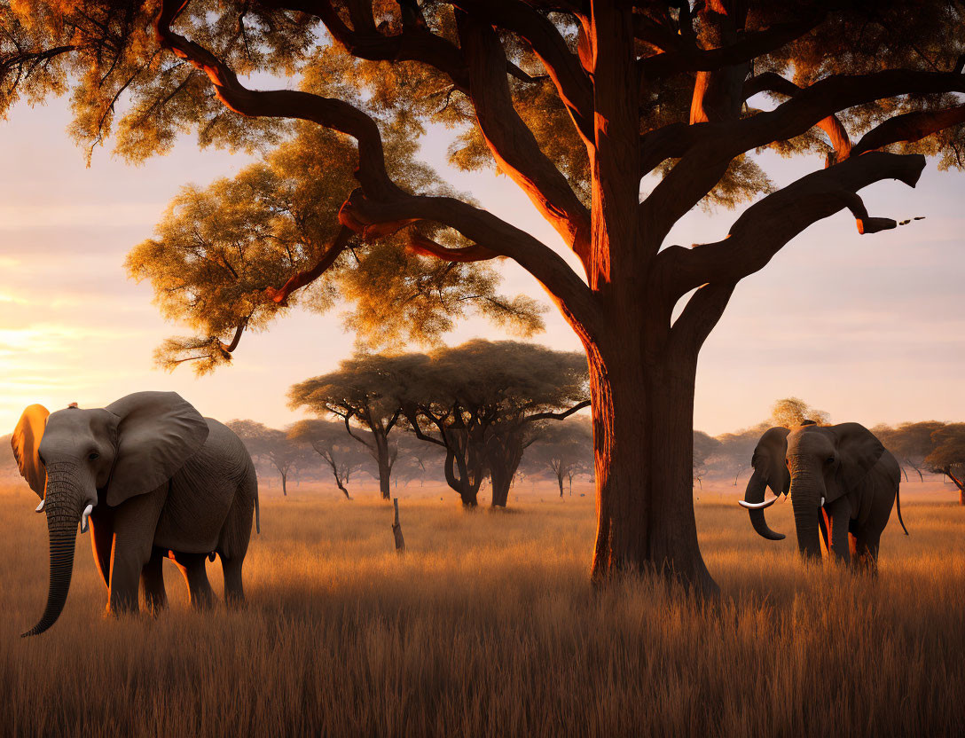 Savanna sunset: Elephants in tall grass with silhouetted acacia trees