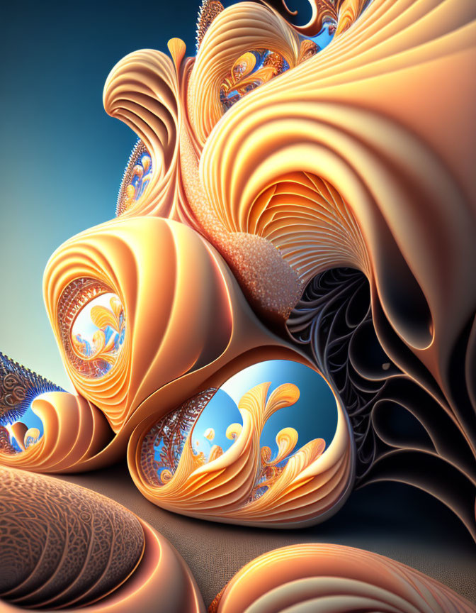 Intricate surreal fractal image with warm hues and reflective spheres