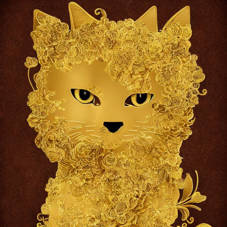 Golden floral-patterned cat with yellow eyes on brown background