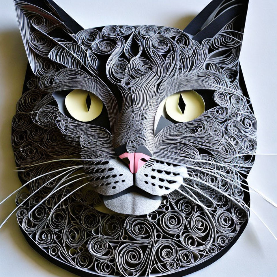 Detailed Paper Quilling Art of Cat's Face with Swirls and Yellow Eyes